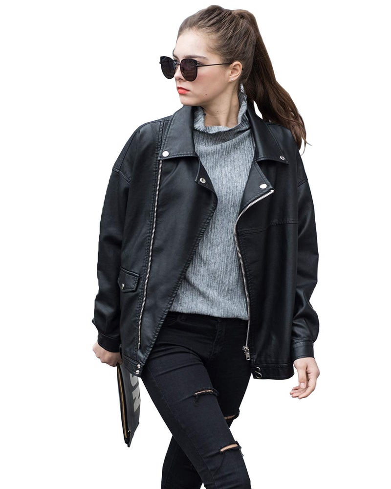 LY VAREY LIN Women Faux Leather Jacket Lapel Collar Motorcycle Zip Up Motor Biker Short Coat Jacket(Black, S) - Image 2